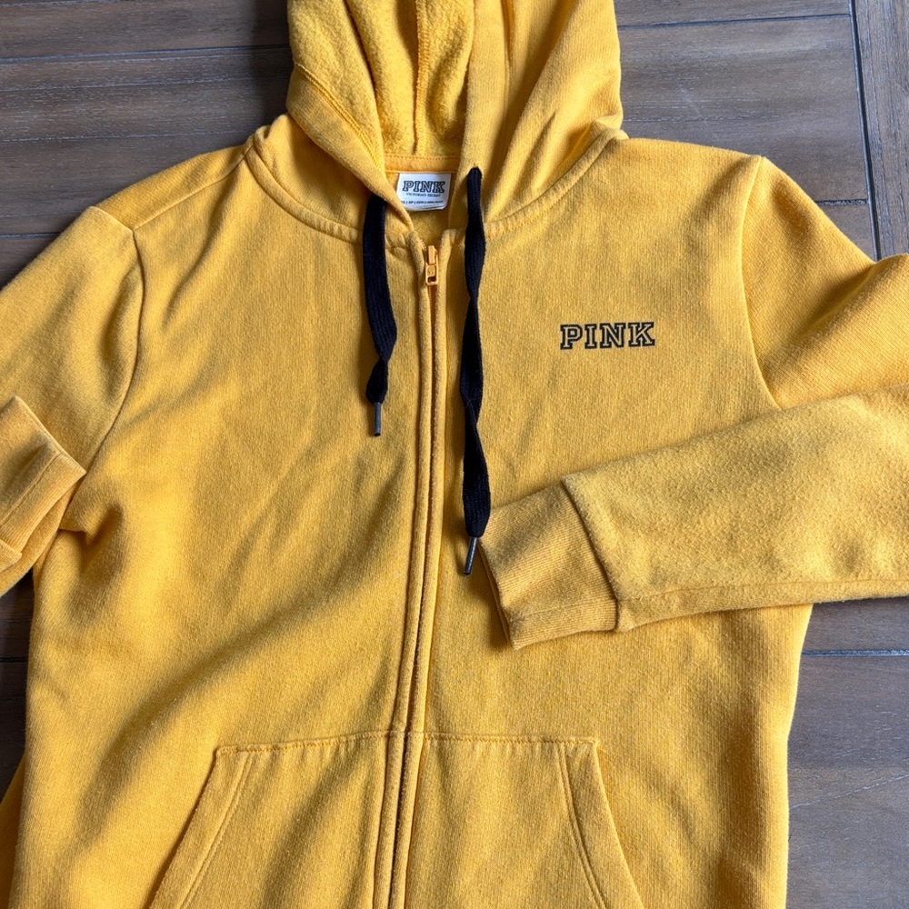 PINK Victoria's Secret Yellow Zip-Up Hoodie with Black Drawstrings